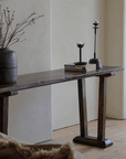 Chinese-style entrance table made from 100% natural elm wood, featuring natural wood grain and elegant decor in a minimalist room.