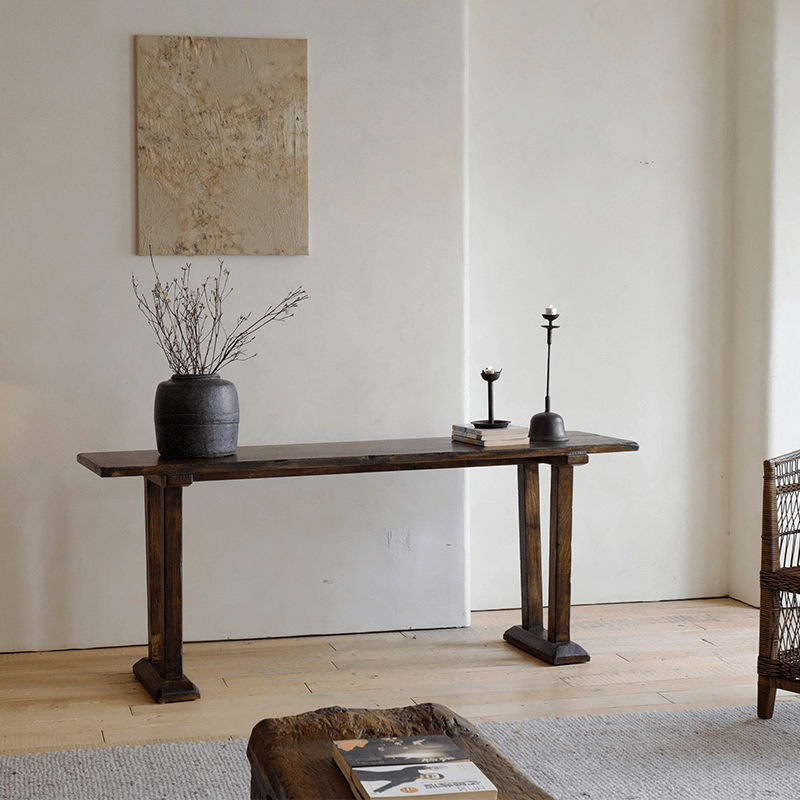 Chinese-style entrance table by Yinmu made of 100% natural elm wood, showcasing natural grain and texture in a minimalistic room setting.