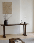 Chinese-style entrance table by Yinmu made of 100% natural elm wood, showcasing natural grain and texture in a minimalistic room setting.