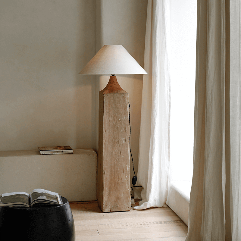 Elegant Stake Floor Lamp with linen shade and rustic wood base, featuring a dimmable switch for customizable cozy lighting.