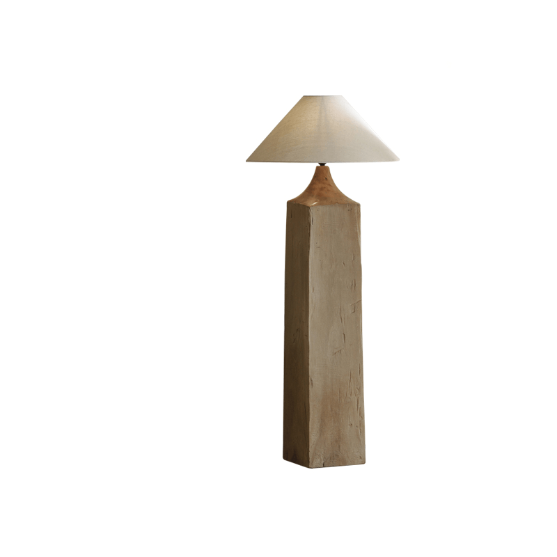 Elegant Stake Floor Lamp with linen shade and wooden base, featuring dimmable switch for customizable mood lighting.