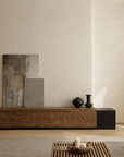 Industrial Wind TV Japanese Cabinet with weathered wood and frosted steel body, featuring natural cracks for artistic decoration.