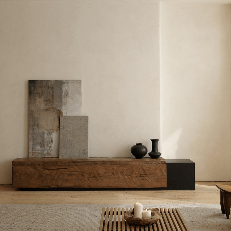 Industrial Wind TV Japanese Cabinet with weathered wood and frosted steel body, featuring natural cracks for artistic decoration.