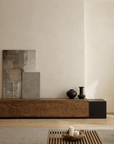 Industrial Wind TV Japanese Cabinet with weathered wood and frosted steel body, featuring natural cracks for artistic decoration.