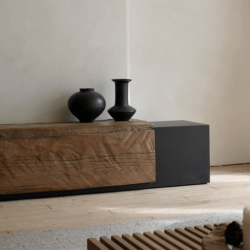 Industrial Wind TV Japanese Cabinet made of weathered old wood and frosted steel, showcasing artistic cracks, for Japanese home decor.