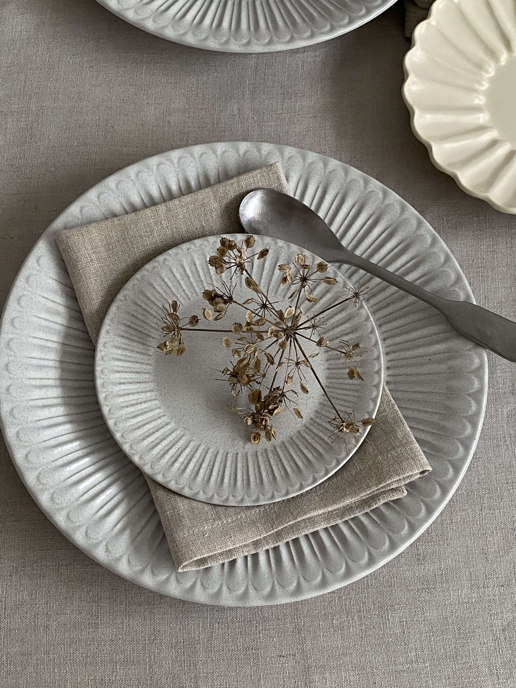 Elegant porcelain plates with soft lace edges and flecked finish, showcasing sophisticated tableware for nostalgic dining.