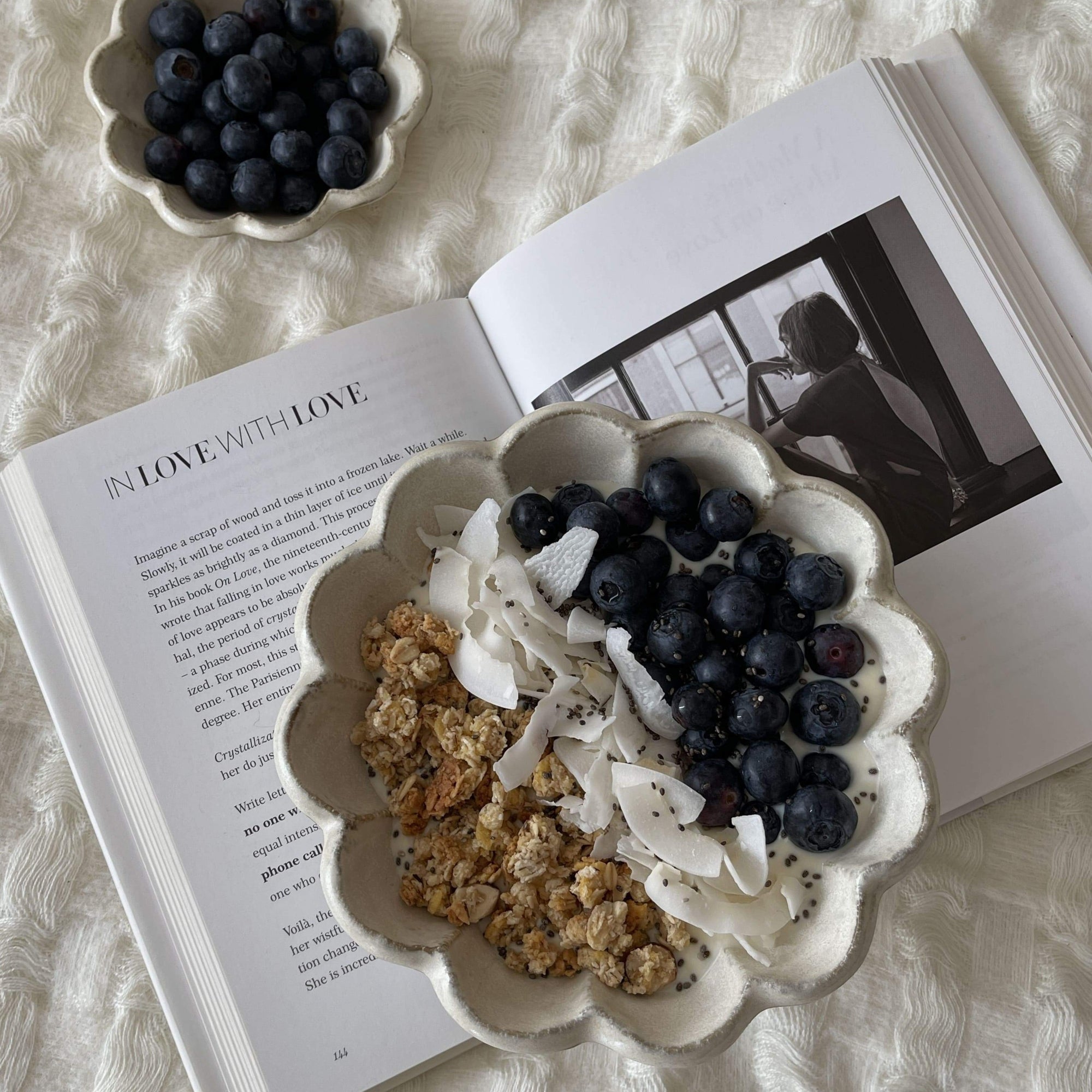 Rinka Bowl 16cm filled with granola, coconut flakes, and blueberries on an open book, showcasing Japan's Kaneko Kohyo craftsmanship.