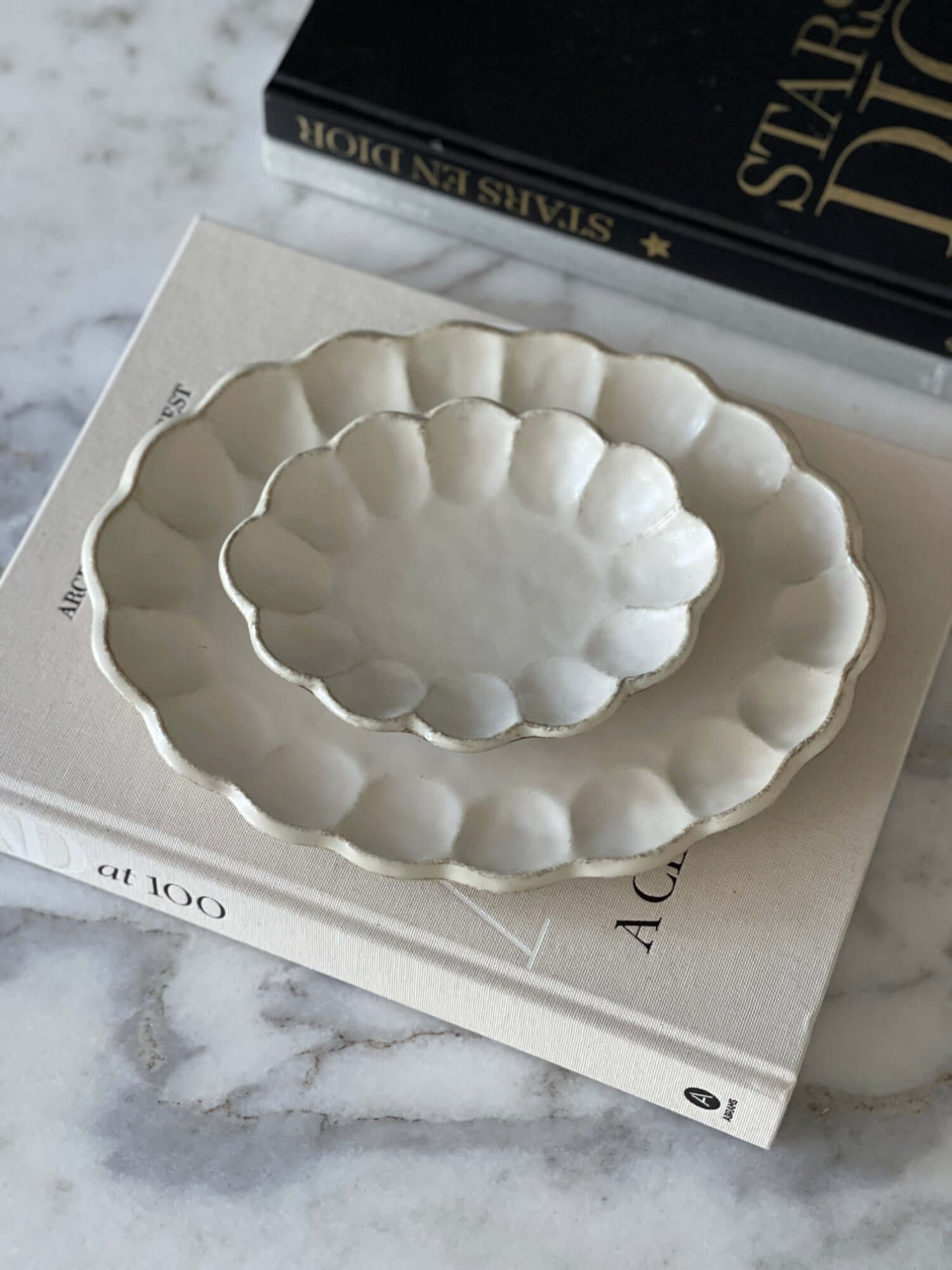 Handcrafted Rinka Oval Plates by Kaneko Kohyo in porcelain, showcasing a flower shape design, styled on a marble table with books.