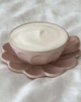Pink Rinka soup cup with creamy foam on a matching flower-shaped plate made from delicate porcelain by Kaneko Kohyo.