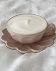 Rinka Soup Cup on scalloped porcelain saucer filled with creamy soup, showcasing elegant handcrafted design by Kaneko Kohyo.