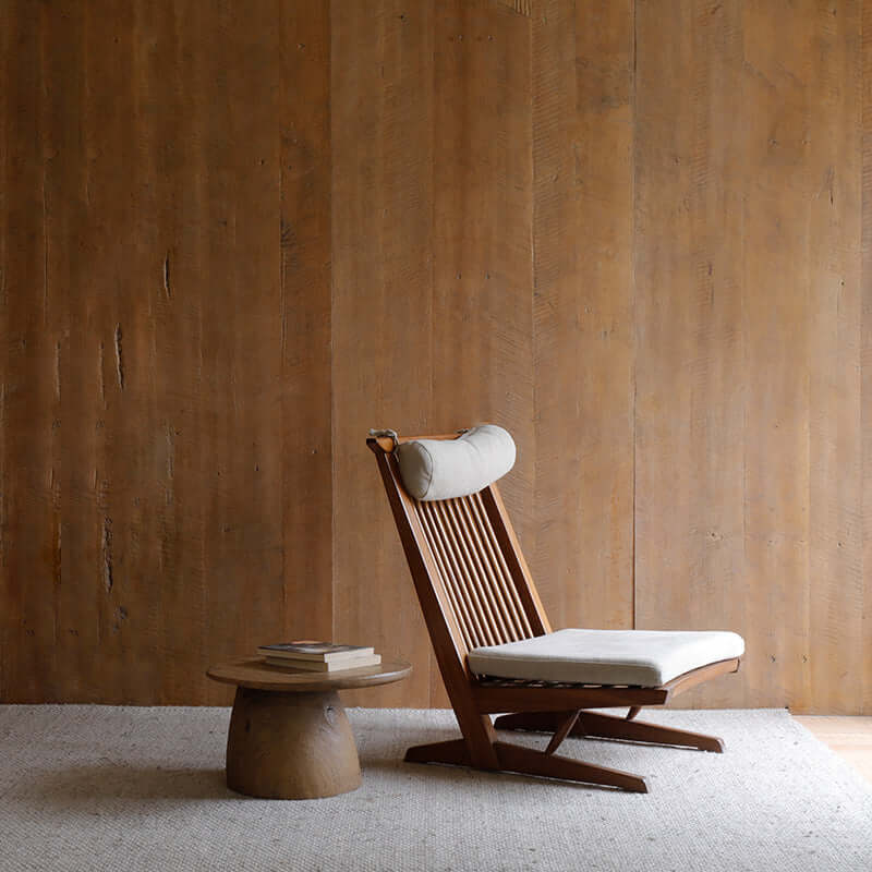 Hand-made Nakajima George Reclining Chair with teak wood and rattan weaving, offering pure lines and a romantic vibe.