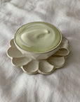 Rinka Soup Cup with matcha cream in porcelain flower-shaped design, enhancing table aesthetics, Kaneko Kohyo collection.