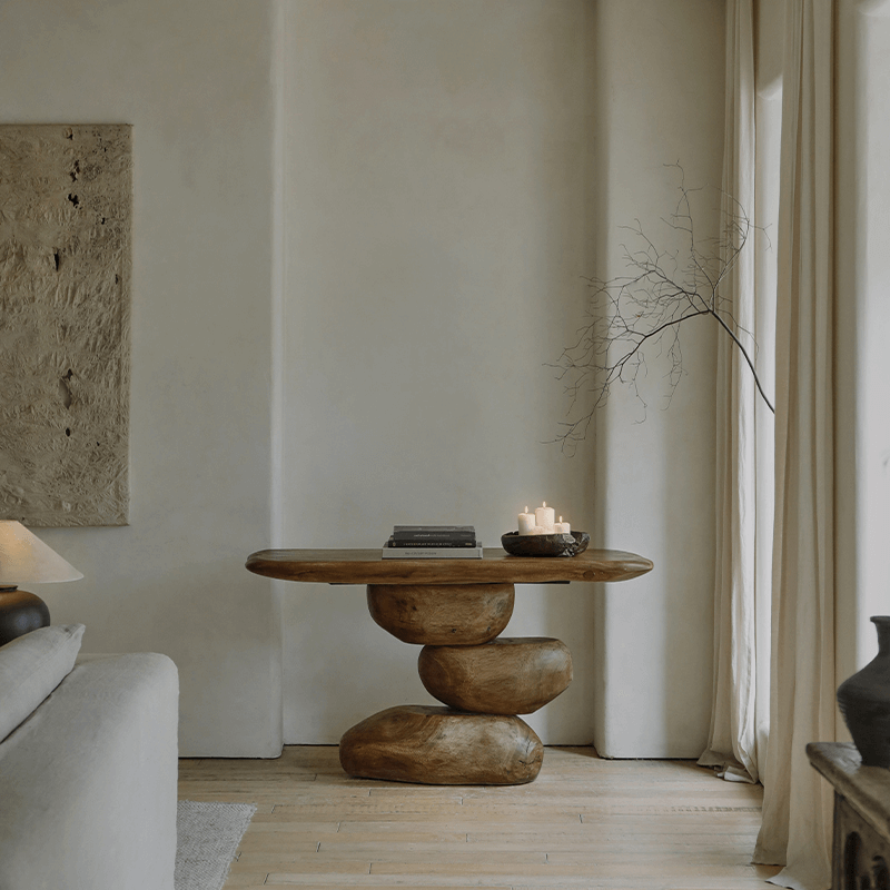 Wabi-Sabi creative living room porch table with irregular wooden structure and natural aging, embodying retro nostalgic style.