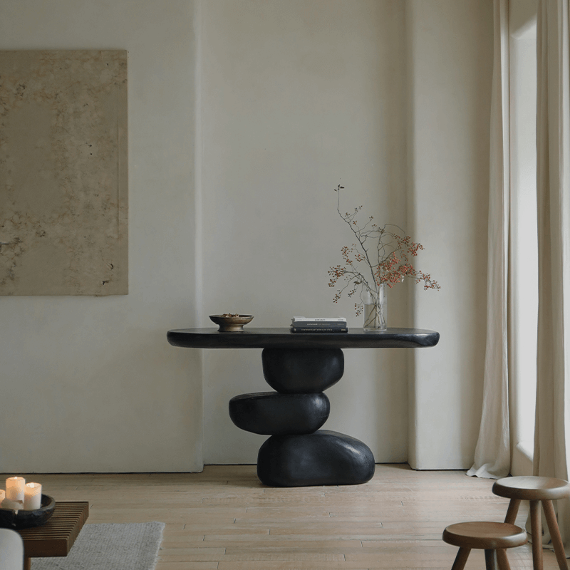 Wabi-Sabi creative living room porch table with unique irregular design and log countertops in a cozy, minimalist setting.