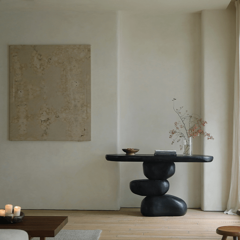 Wabi-sabi living room table with irregular structure, made of natural aging wooden logs, embodying retro nostalgic style.