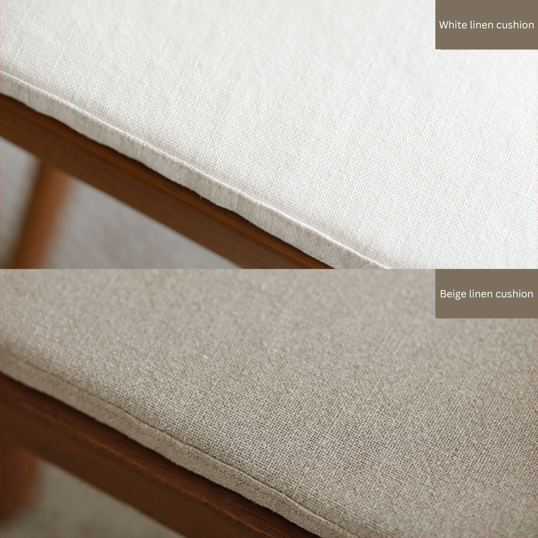 Comparison of white and beige linen cushions on wooden chairs.