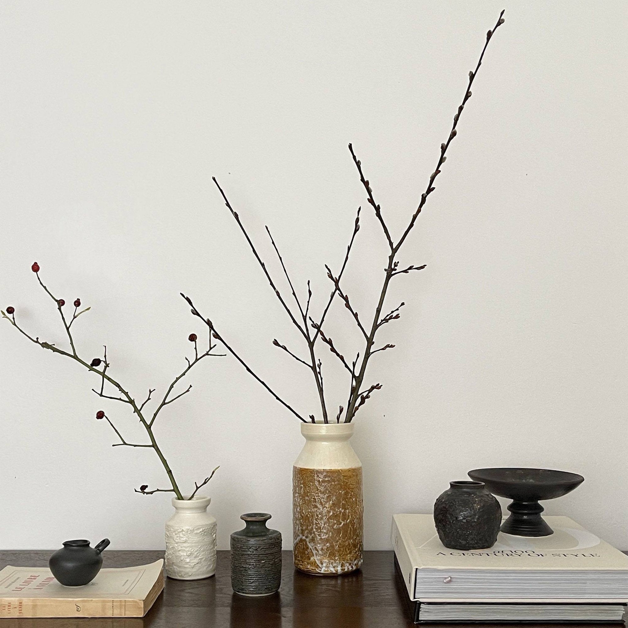 Elegant arrangement of pottery vases with minimalist branches on a wooden table, showcasing a chic and natural aesthetic.