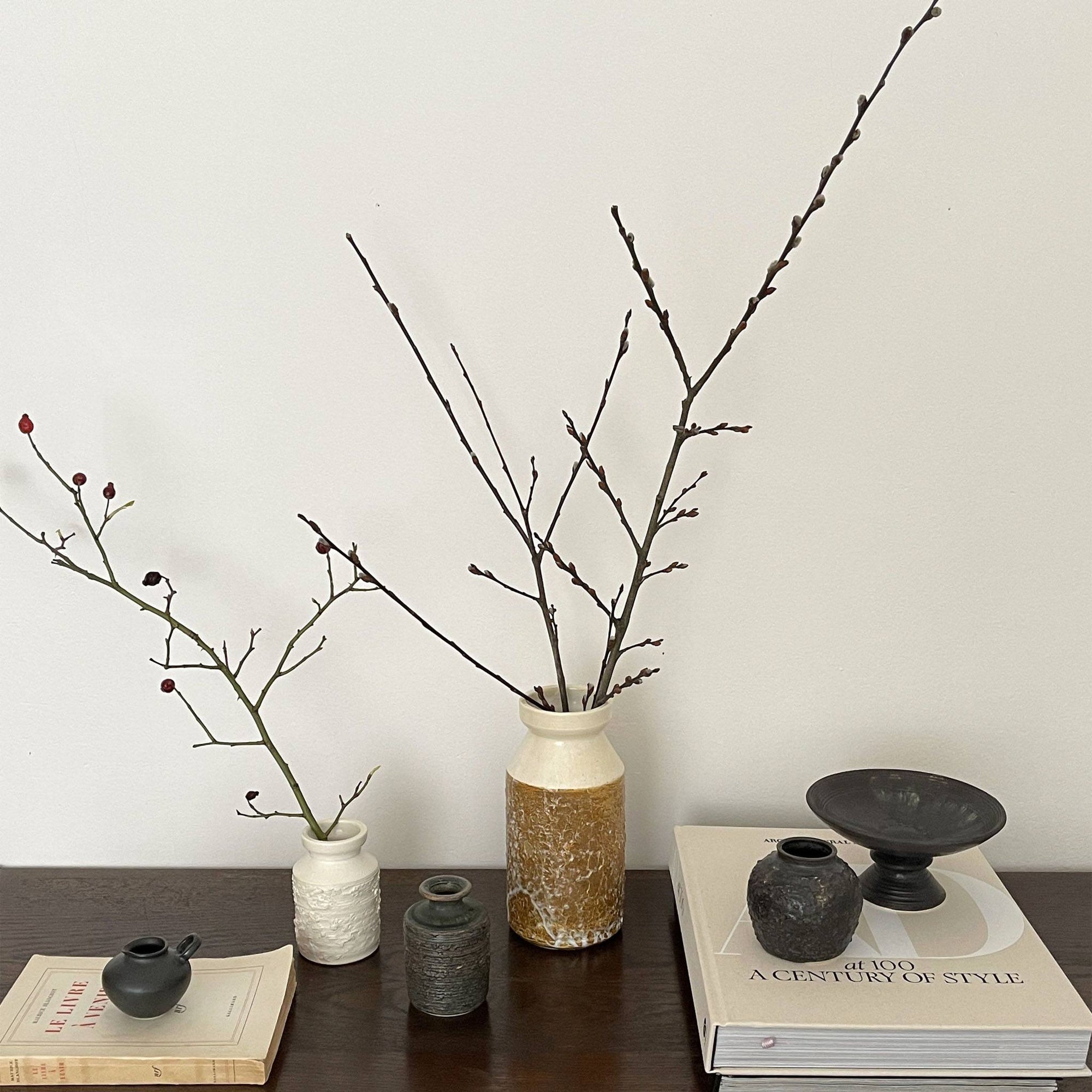 Elegant display of ceramic vases with branches, showcasing natural and minimalist decor on a wooden shelf.