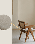 Chandigarh chair with teak wood and rattan, showcasing handwoven details, blending wabi-sabi design and Western minimalism.