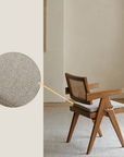 Chandigarh chair with teak wood and rattan, showcasing handwoven details, blending wabi-sabi design and Western minimalism.