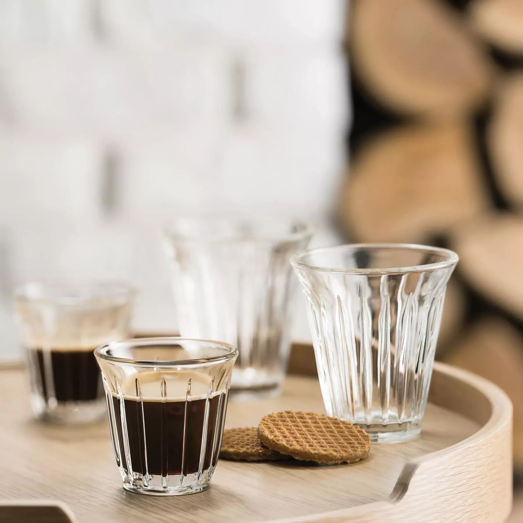 Ridged Zinc Coffee Glass Cups and Espresso Glasses on Wooden Tray with Cookies in French Brasserie Style