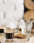 Ridged Zinc Coffee Glass Cups and Espresso Glasses on Wooden Tray with Cookies in French Brasserie Style