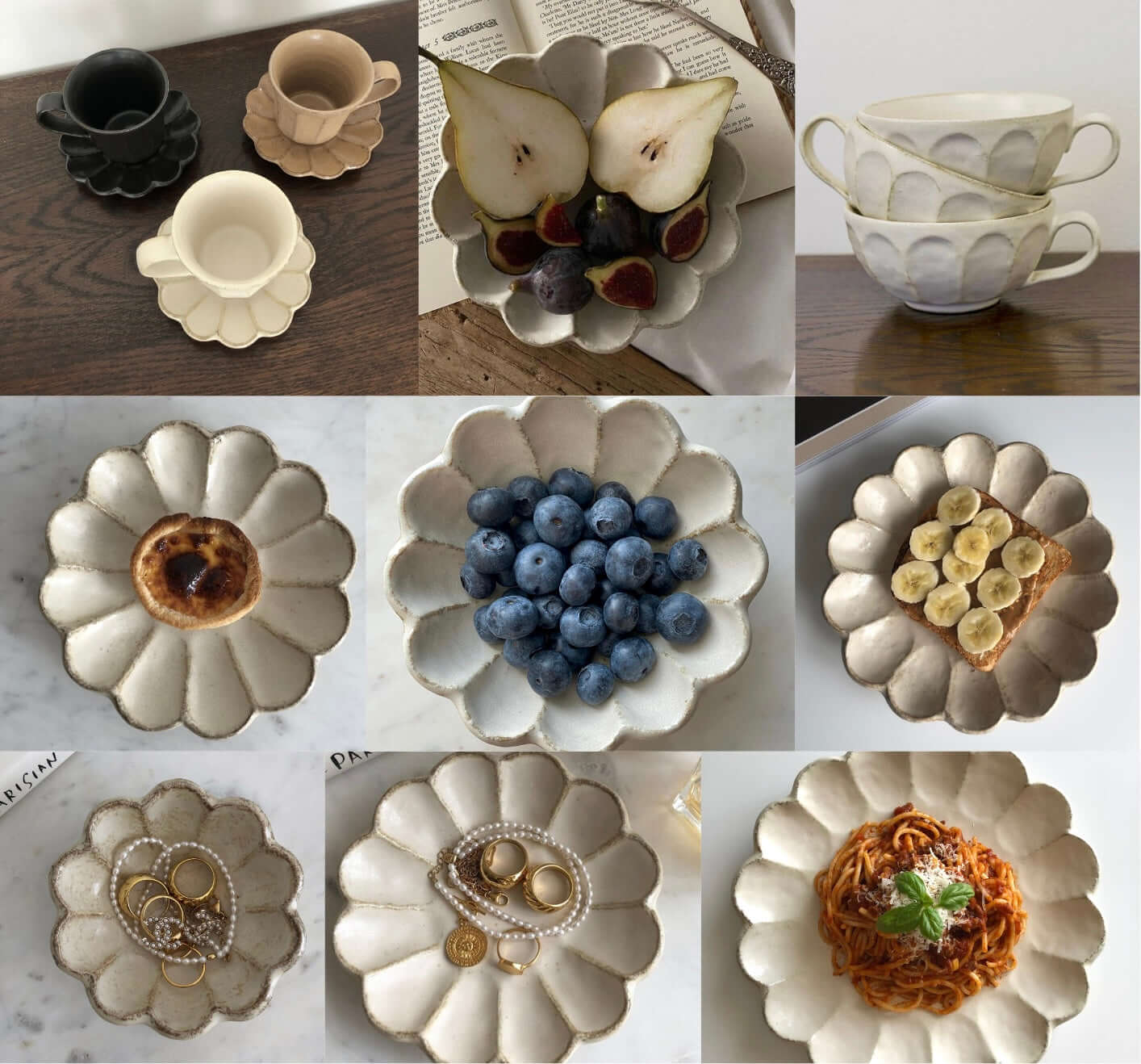 Rinka Soup Cup and Plate Set in porcelain with flower design, showcasing fruits, desserts, jewelry, and pasta in elegant settings.
