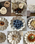 Rinka Soup Cup and Plate Set in porcelain with flower design, showcasing fruits, desserts, jewelry, and pasta in elegant settings.
