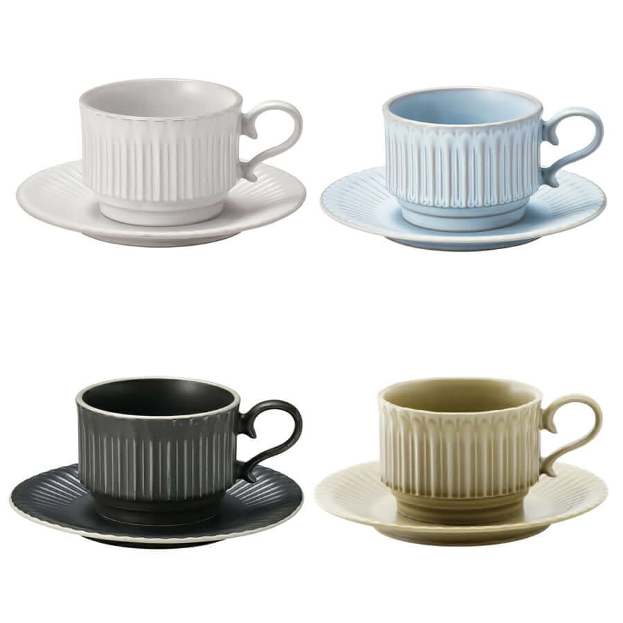 Four Storia Coffee Cup & Saucer sets in white, blue, black, and beige, showcasing antique European-inspired porcelain design.