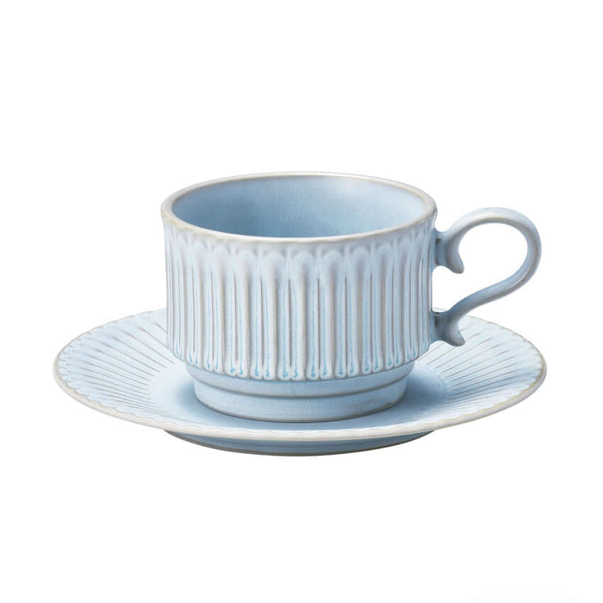 Blue Storia Coffee Cup & Saucer with lace form design, inspired by antique European tableware, made of porcelain from Japan.