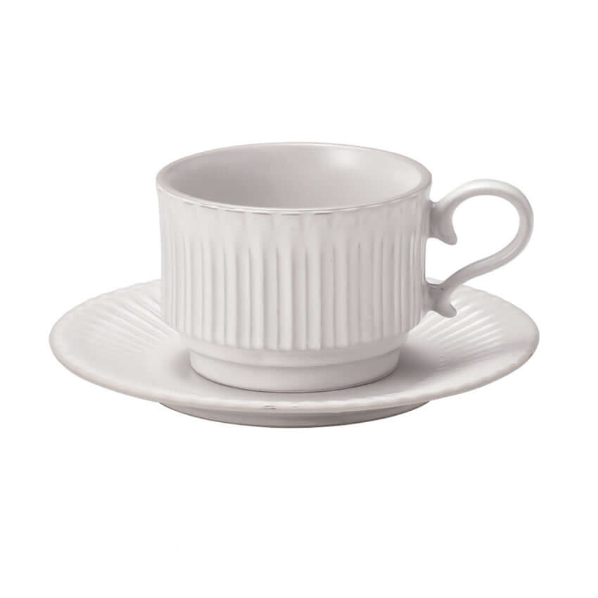 Elegant porcelain Storia coffee cup and saucer with antique European design from Koyo's Gifu Prefecture.