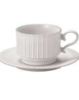 Elegant porcelain Storia coffee cup and saucer with antique European design from Koyo's Gifu Prefecture.