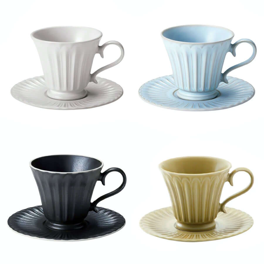 Four Storia Tall Coffee Cups & Saucers in white, blue, black, and beige, showcasing elegant porcelain design with antique lacquer finish.