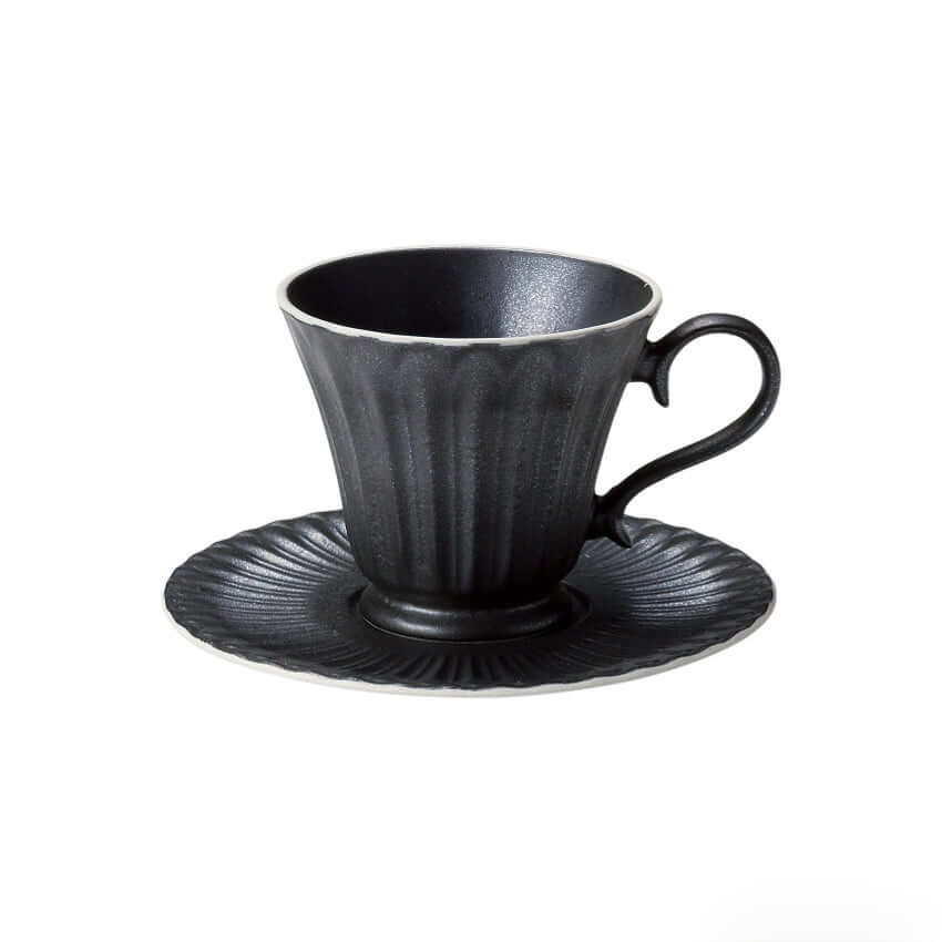 Storia Tall Coffee Cup & Saucer with elegant black porcelain design, evokes nostalgia and romance, Japan-made, microwave safe.