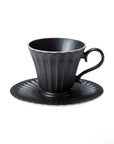 Storia Tall Coffee Cup & Saucer with elegant black porcelain design, evokes nostalgia and romance, Japan-made, microwave safe.