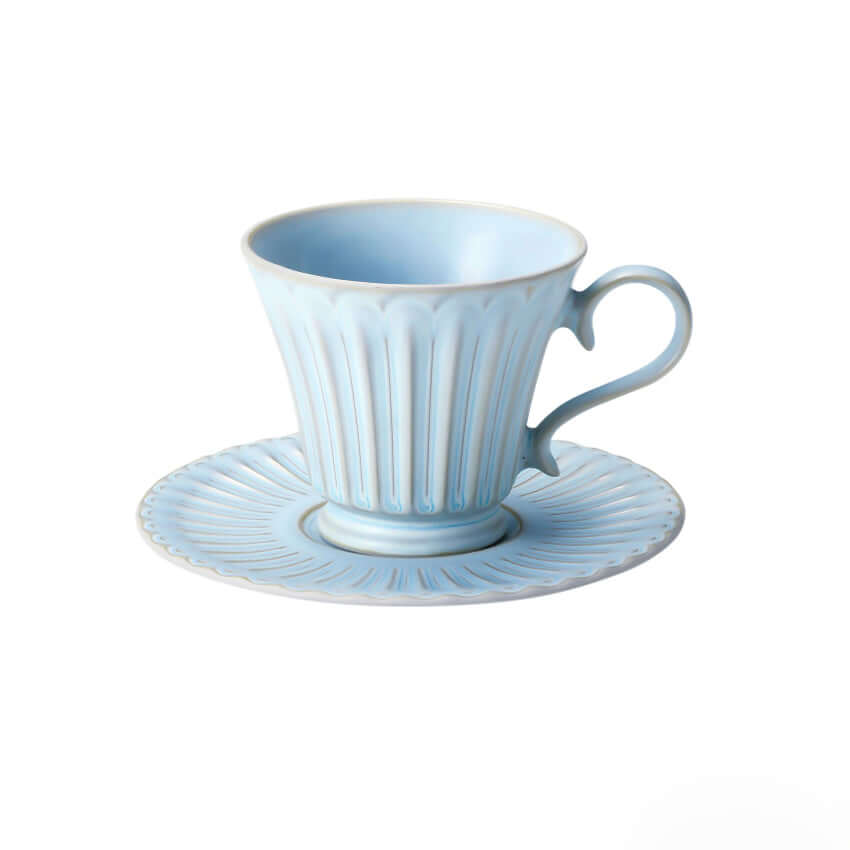 Blue Storia tall coffee cup and saucer with elegant ribbed design and antique finish, 235 cc, made in Japan.