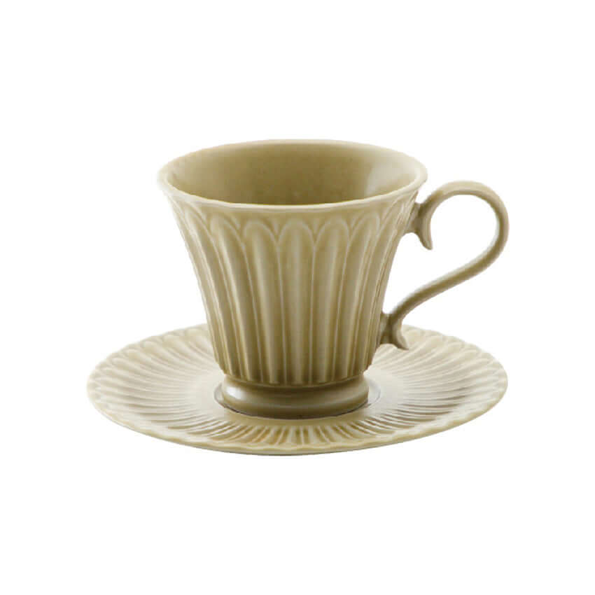 Storia Tall Coffee Cup & Saucer with elegant flecked lacquer finish, 235 cc, porcelain, Japan, microwave and dishwasher safe.