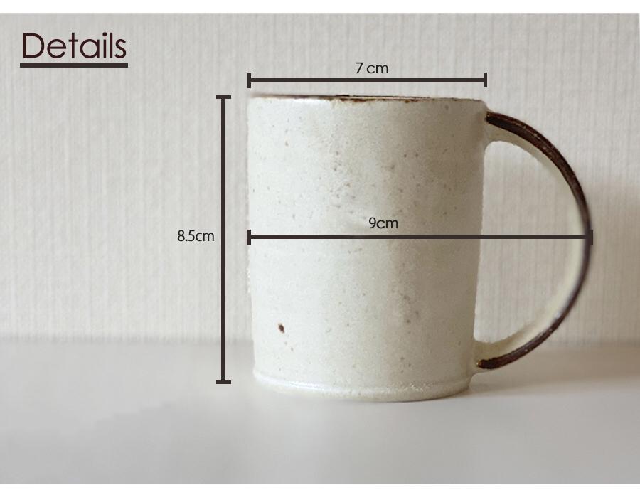 Ivory porcelain mug with handle dimensions shown: 7cm diameter, 9cm width, and 8.5cm height, from Kaneko Kohyo factory.