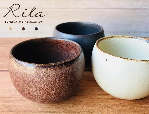 Three Rila Tea Cups in warm matte colors by Kaneko Kohyo, showcasing textured design and compact size for tea or desserts.