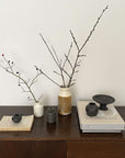 Ceramic vases with branches on a wooden table, accompanied by books and pottery, creating a minimalist and natural decor setting.