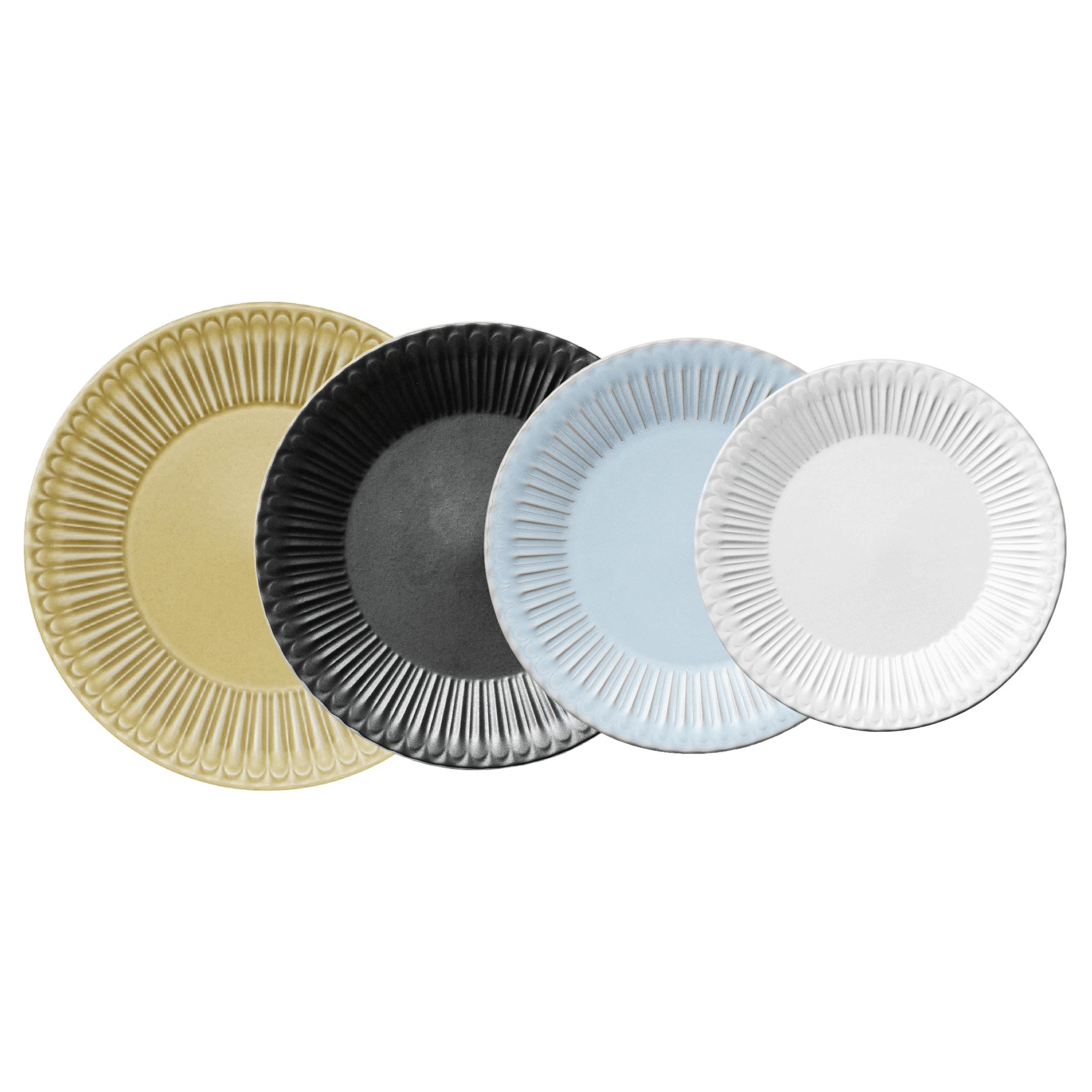 Four Storia Plates in various colors, showcasing elegant lace edges and a flecked lacquer finish, evoking nostalgia and romance.