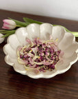 Elegant Rinka Bowl by Kaneko Kohyo with dried petals, handmade Japanese ceramic, microwave and dishwasher safe.