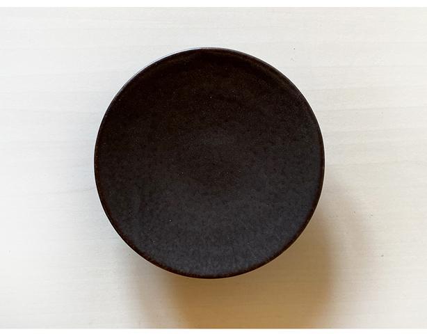 Rila Black porcelain plate by Kaneko Kohyo, 11.5cm diameter, matte finish, textured surface, Japanese craftsmanship.
