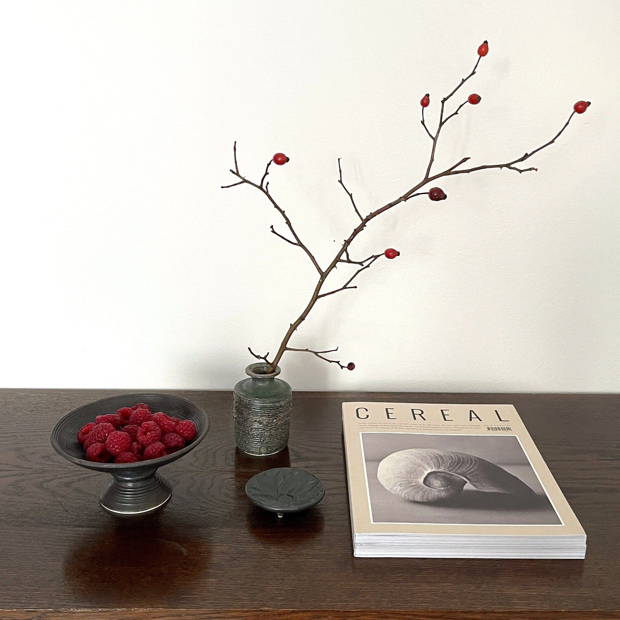 Elegant tabletop with raspberries on a black plate, a vase with a branch, and a book on a wooden surface for a minimalist decor.