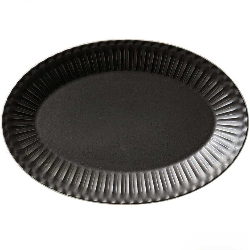 Storia Oval Plate 32cm with antique-style flecked lacquer finish, evoking nostalgia and elegance. Japan-made, microwave and dishwasher safe.