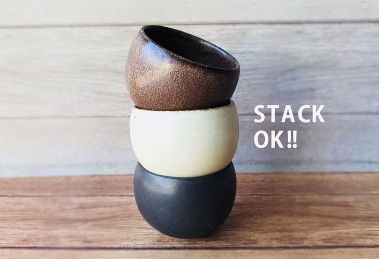 Stackable Rila Tea Cups in matte colors, ideal for tea or single-serve dishes, made by Kaneko Kohyo factory, compact and textured design.