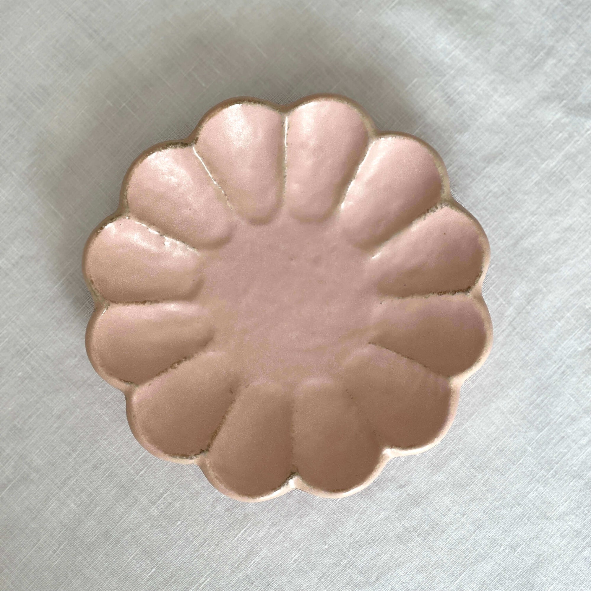 Pink Rinka Plate by Kaneko Kohyo, handmade ceramic from Japan, scalloped edges, microwave and dishwasher safe.