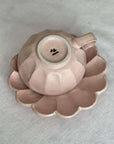 Pink Rinka soup cup with flower-shaped plate from Kaneko Kohyo, handcrafted porcelain, adds elegance and charm to any table setting.