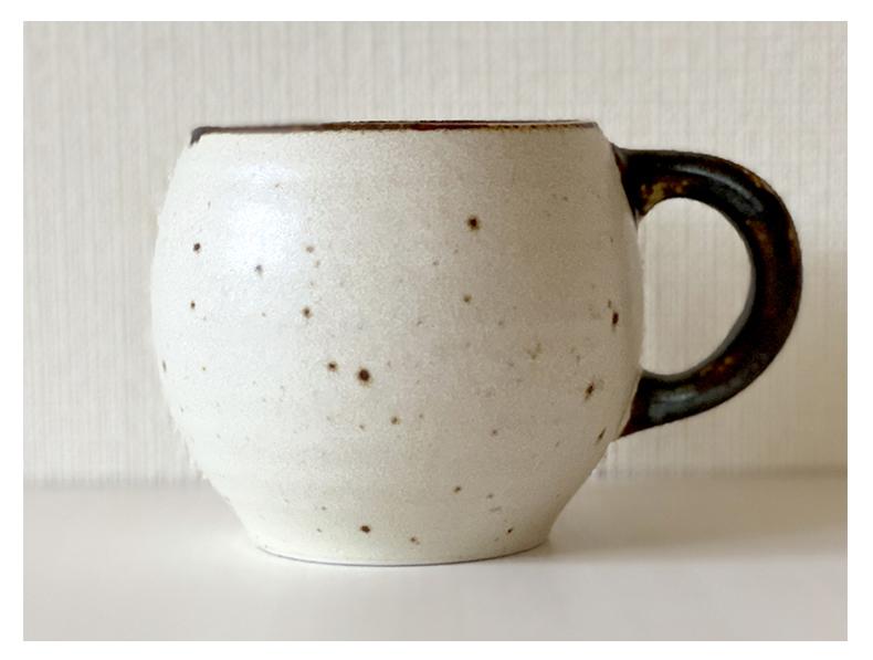 Ivory porcelain mug with a textured matte finish and dark handle, crafted by Kaneko Kohyo, microwave-safe and stackable.