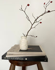 White vase with branches on stacked books, minimalist decor on wooden stool.